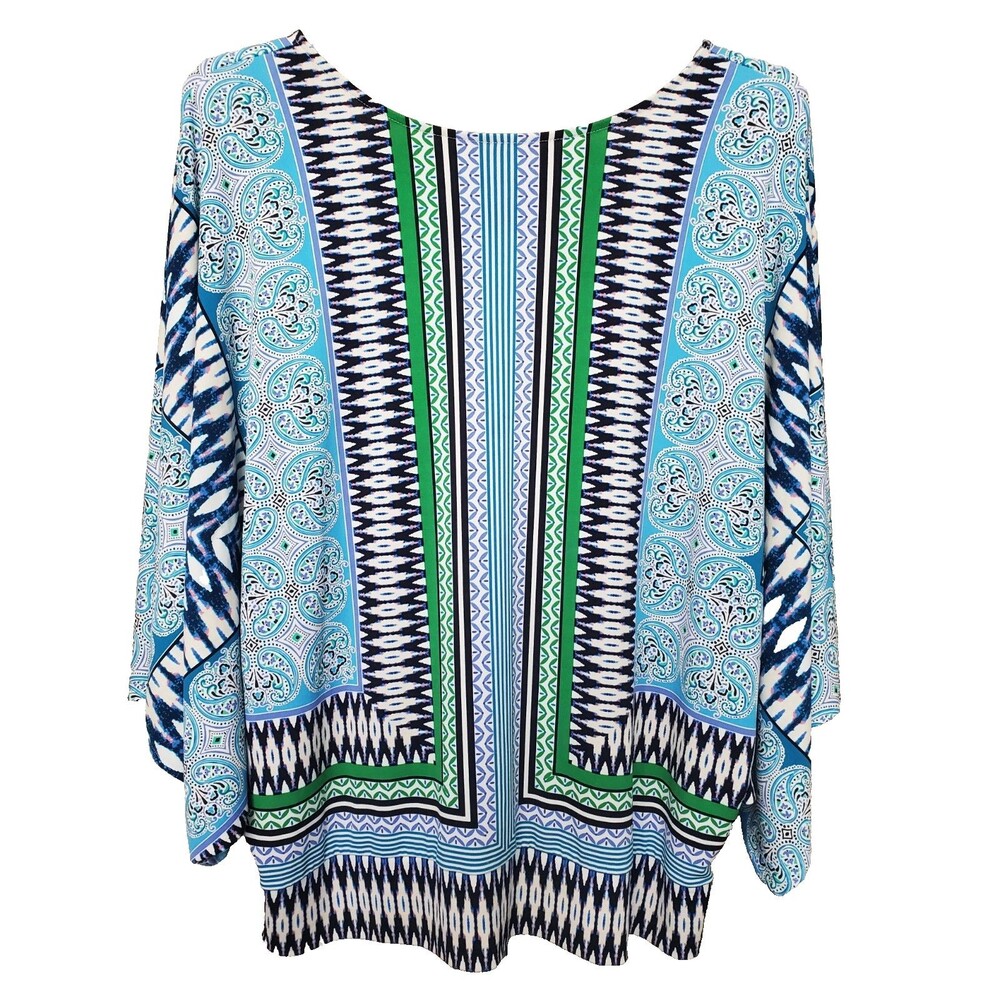 Chico's Scarf Print Kimono Sleeve Strap-Back Stretchy Tunic Size 3 (XL)